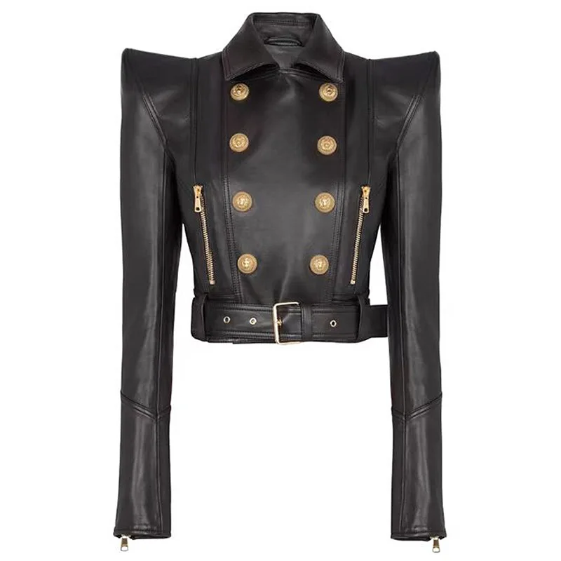 SANCCOHOUSE 2025 Early Spring New Celebrity Style Shoulder-Padded Double-Breasted Cropped Biker Leather Jacket