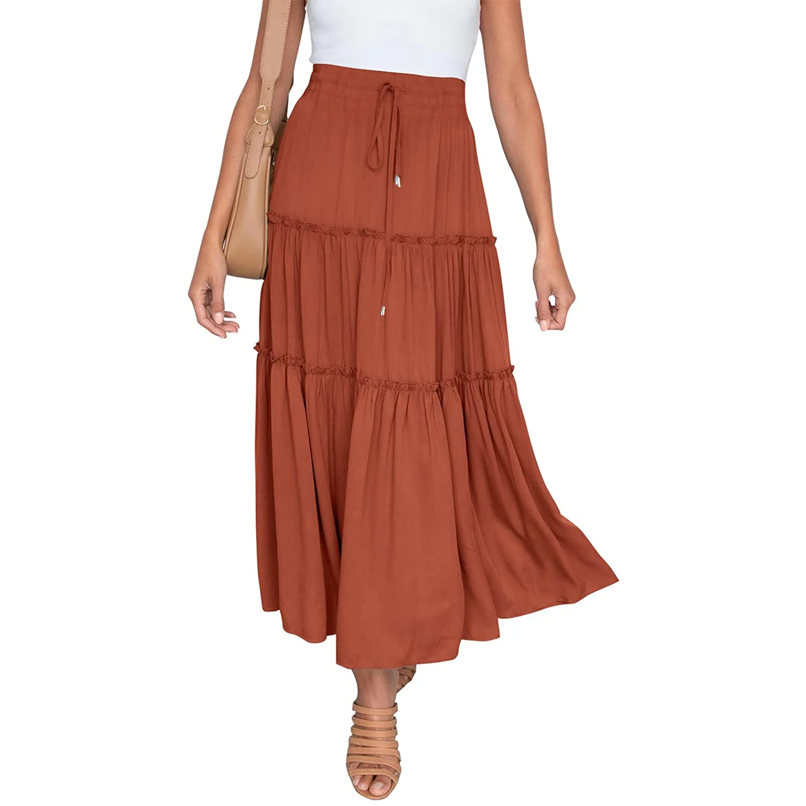 Women's Long Casual Tassel Skirt Vintage Elegant High Waist Tiered Solid Color Summer Clothing