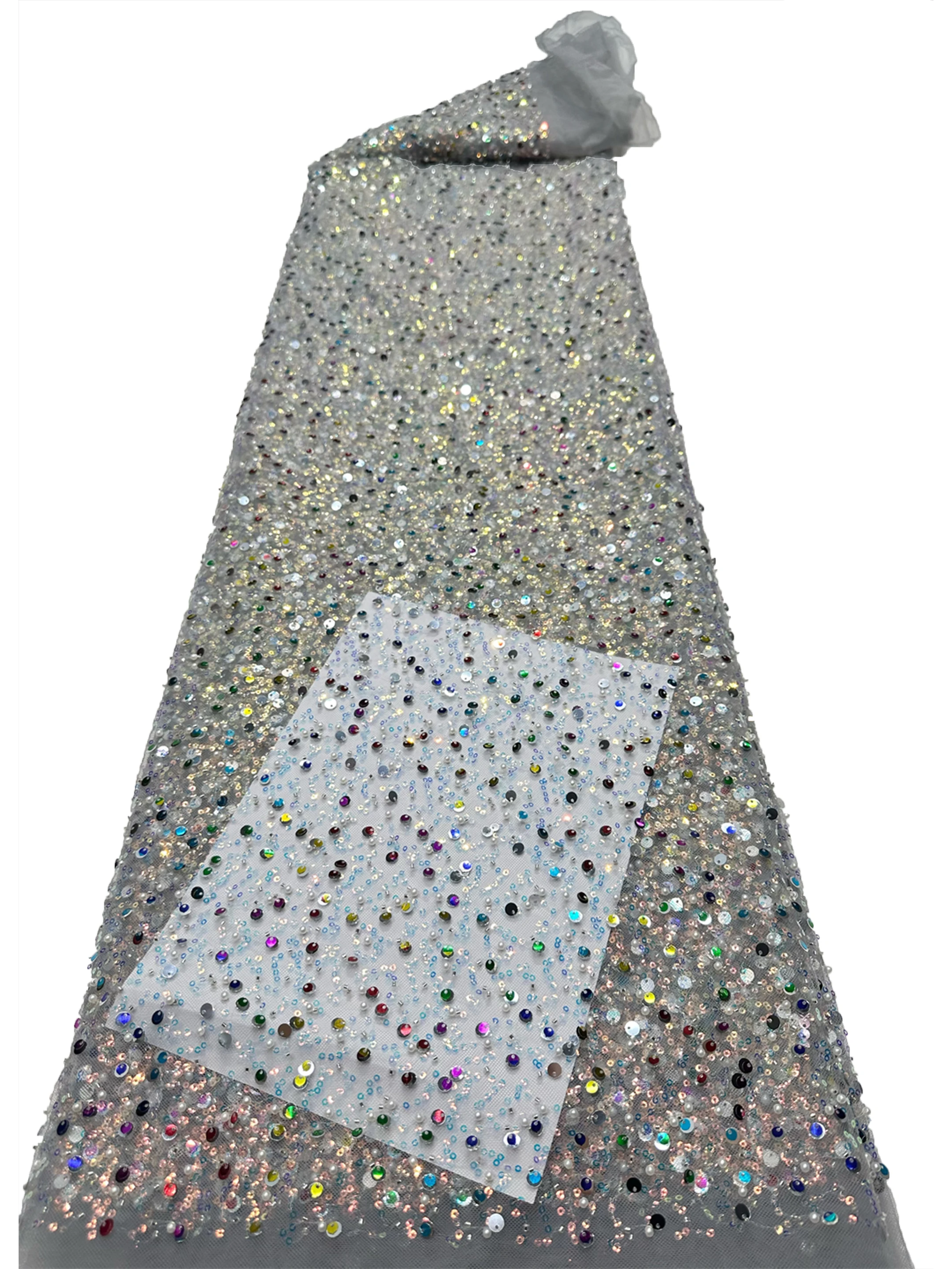 Newest Sequins beaded Tube Embroidery Lace Material 5 Yards African Shiny Tulle Lace Women Mesh Beaded Lace For Party Dress Sew