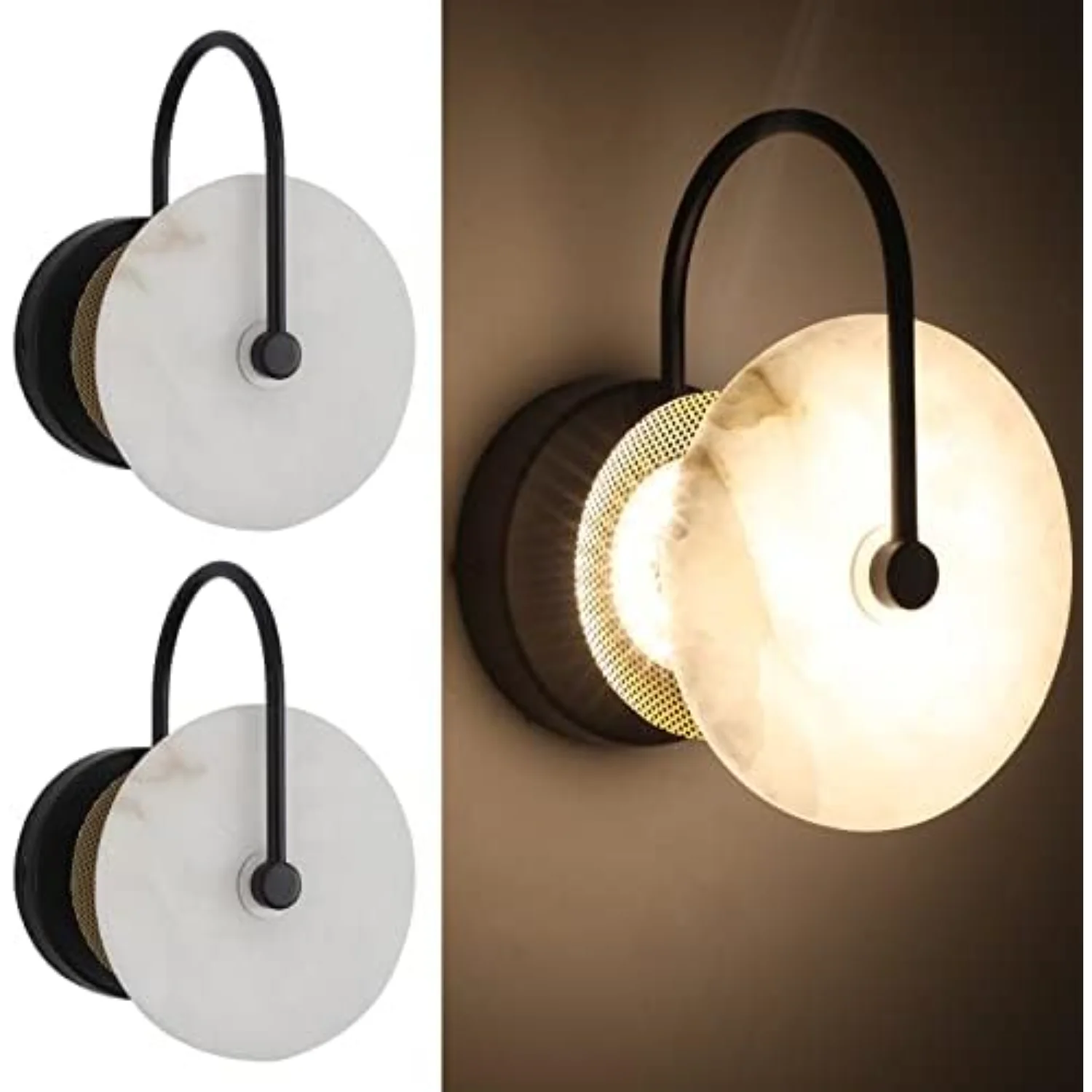 

Black Sconces Set of Two with Circle Stone Shade, led 9W Farmhouse Mounted Lamps 2 Pack Set Bedside Sconce Hardwired Light Fi