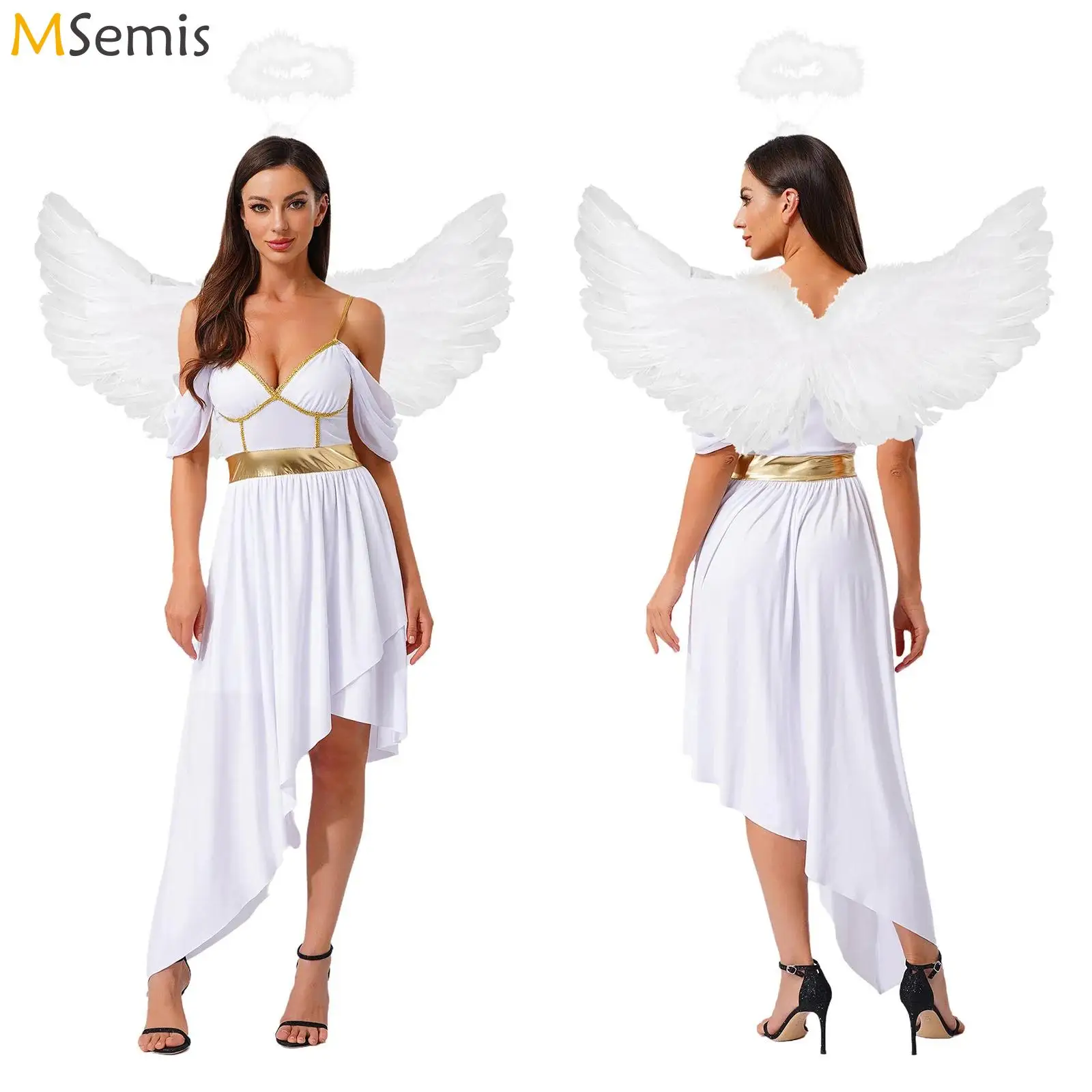 

Женский костюм для косплея ангела-феи: блестящее металлическое платье на бретельках с открытыми плечами + головной убор с перьевыми крыльями для карнавала и Хэллоуина