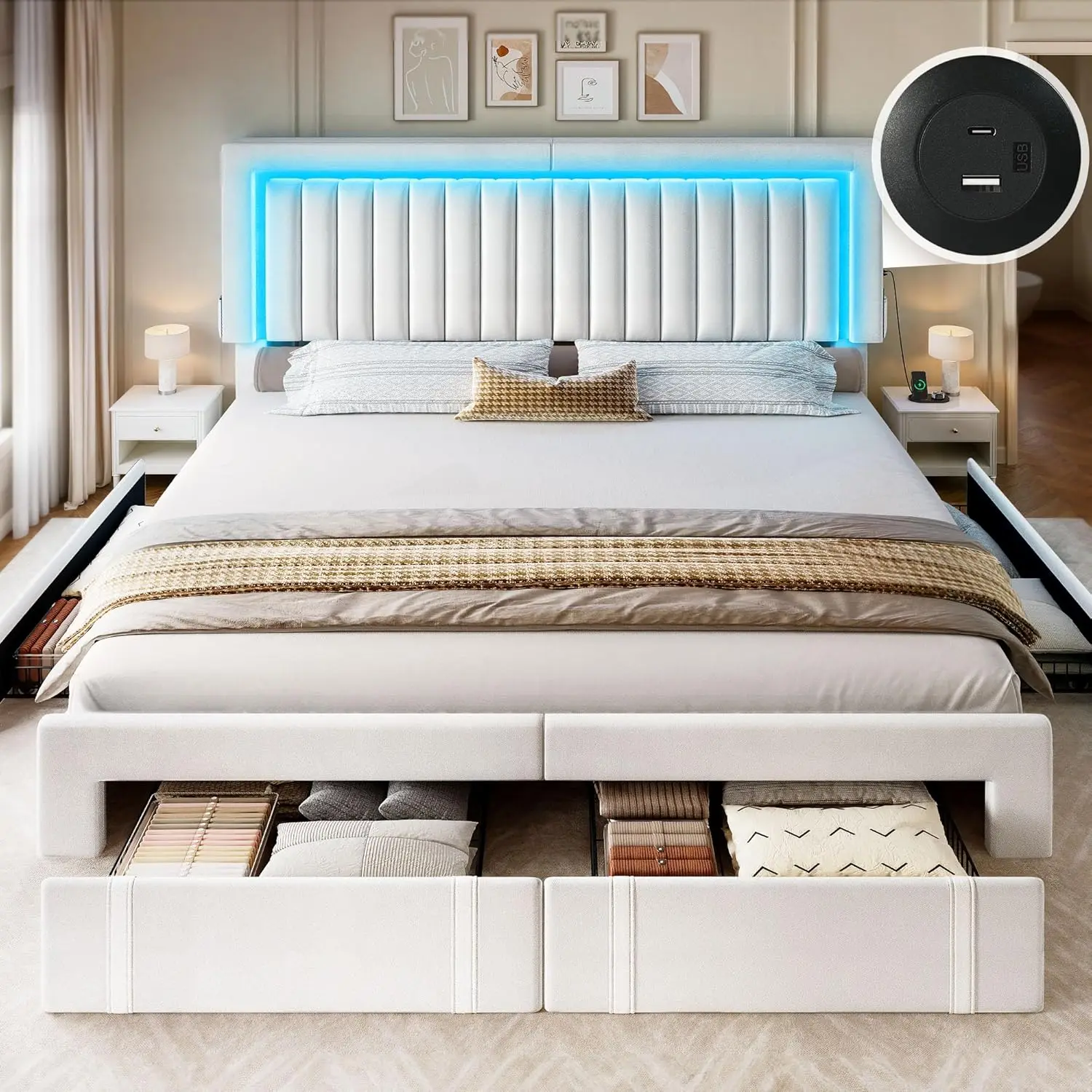 

Extra Large Bed Frame with Adjustable Headboard, 4 Storage Drawers and RGB LED Lights, Velvet Platform Bed with U-shaped Cushion