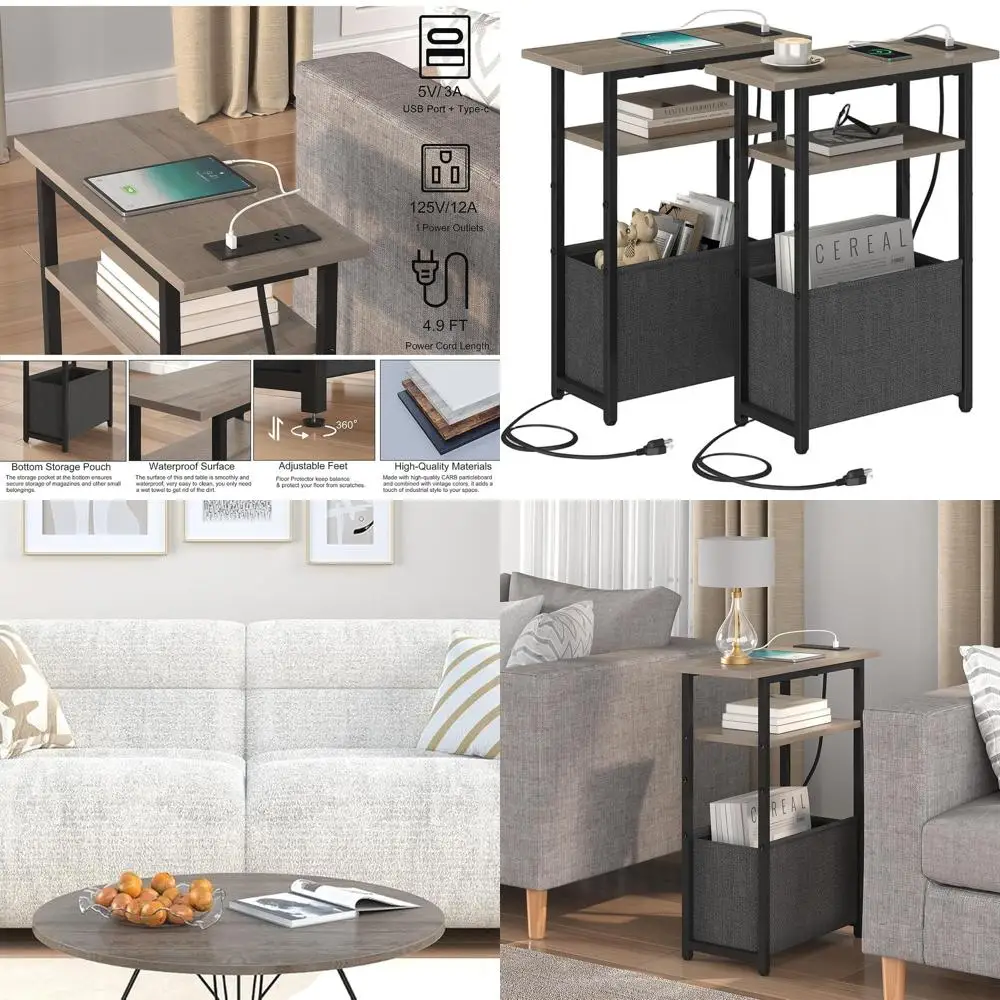 

Pair of Slim End Tables with Charging & Storage, Ideal for Compact Spaces, 3-Tier Bedside Stands in Grey