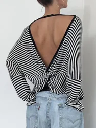 Twist Backless Loose Casual Stripe Long Sleeve T Shirt Women Contrast Binding O Neck Minimalist Pullover Tops