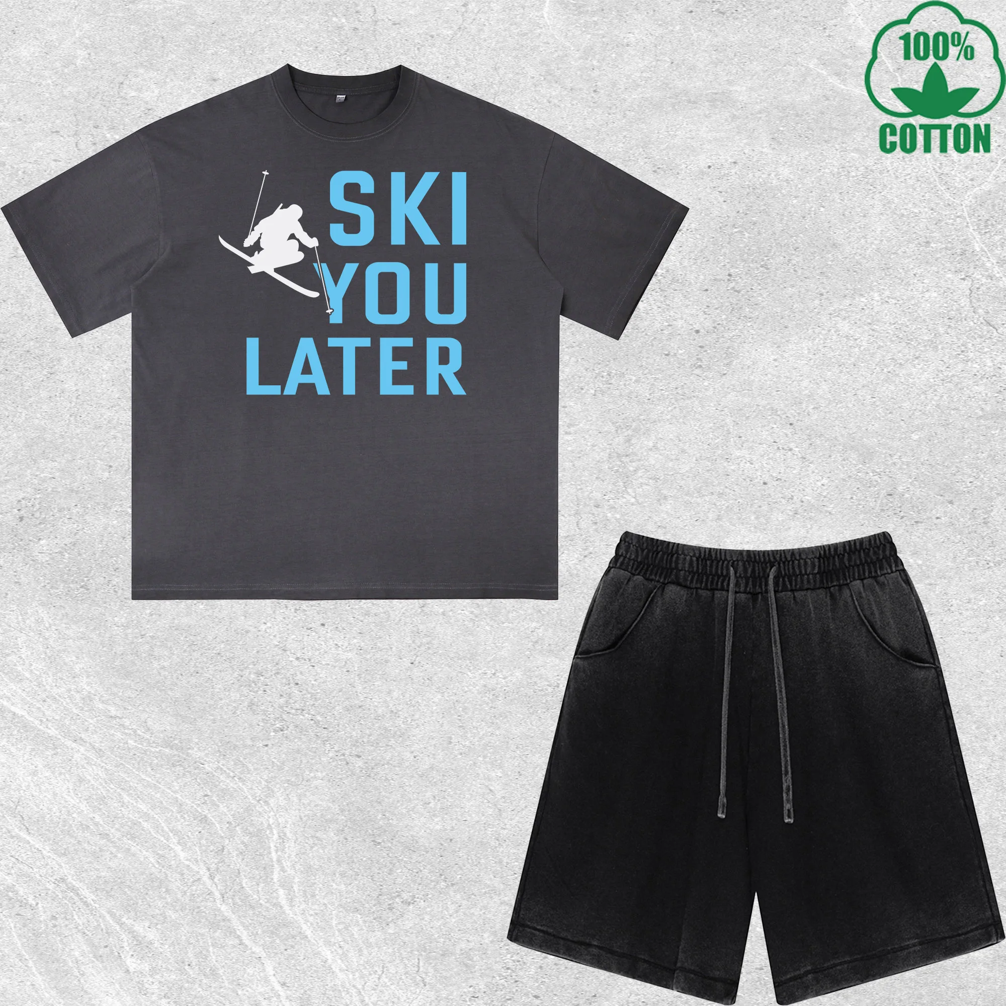 

Ski You Later Printed Dirty Wash T-Shirt Shorts Set Multicolor Combo Loose Trendy Fashionable 100%Cotton