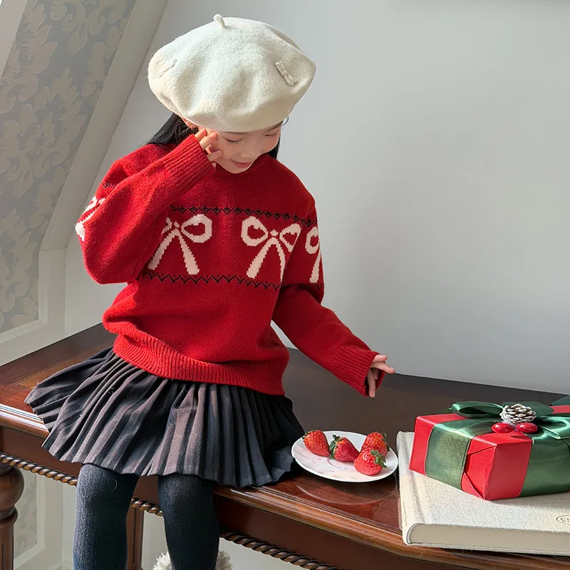 2025 New Autumn Fashion Children's Festive Atmosphere Knitted Sweaters for Girls Sweet and Versatile Bow Sweaters Boutique