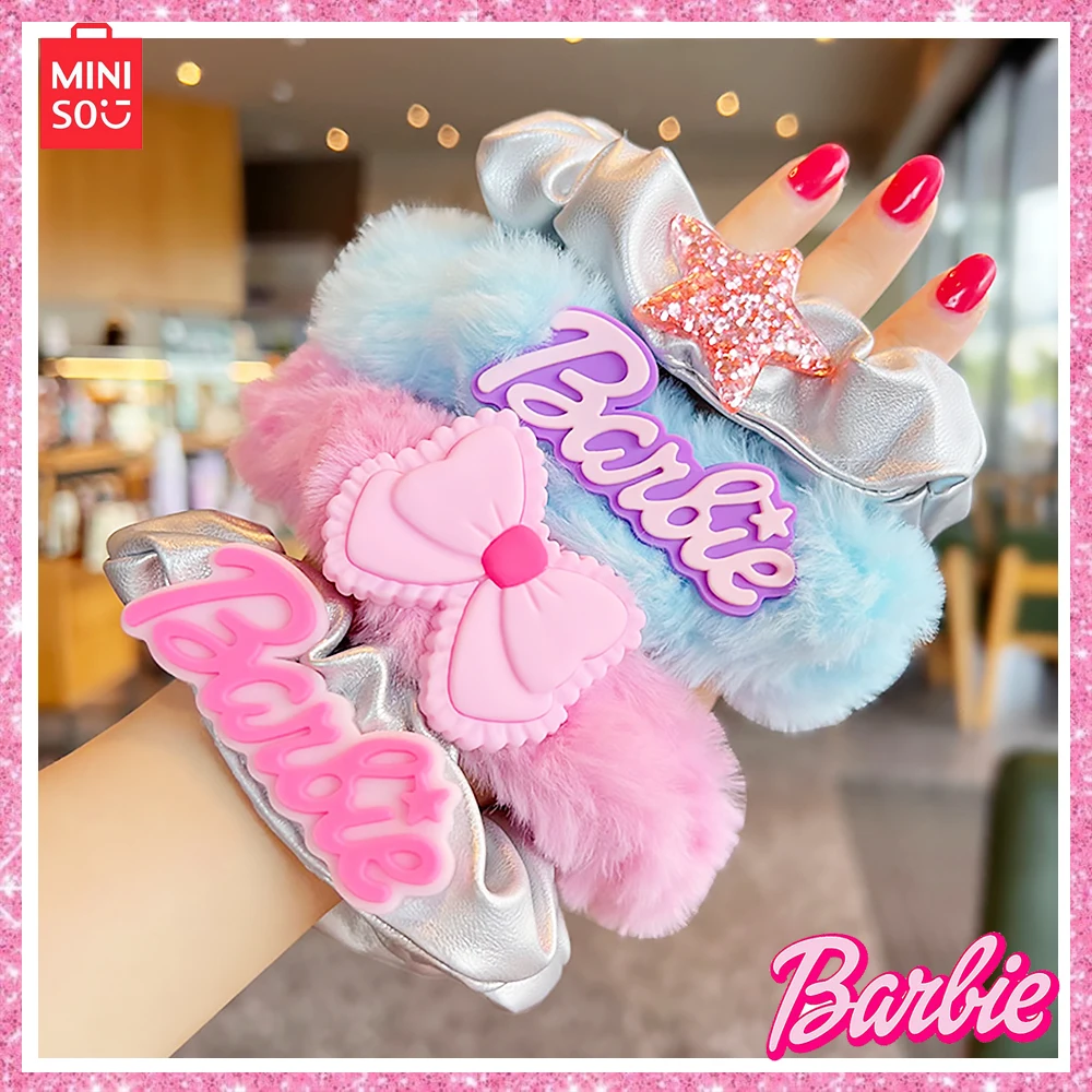 Miniso Barbie Pink Autumn Winter 4-Pcs Dopamine Colorful Sweet Cool Y2K Girl Large Plush Large Intestine Hair Ring Headwear Gift