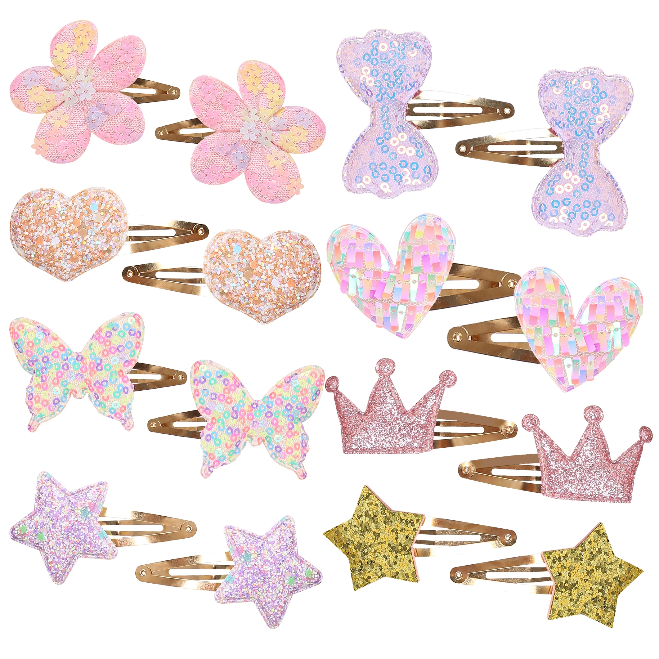 

16/32pcs Sequin Glitter Heart Floral Star Bow Butterfly Crown Barrettes For Girls Cute Daily Hair Clips Women Hair Accessories