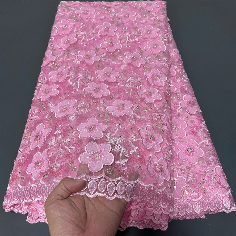 

2025 African Nigerian High-Quality Sequins Tulle for Prom Dresses Lace Fabric Embroidery Net Cloth Beads Sewing 5Yard ZJ087