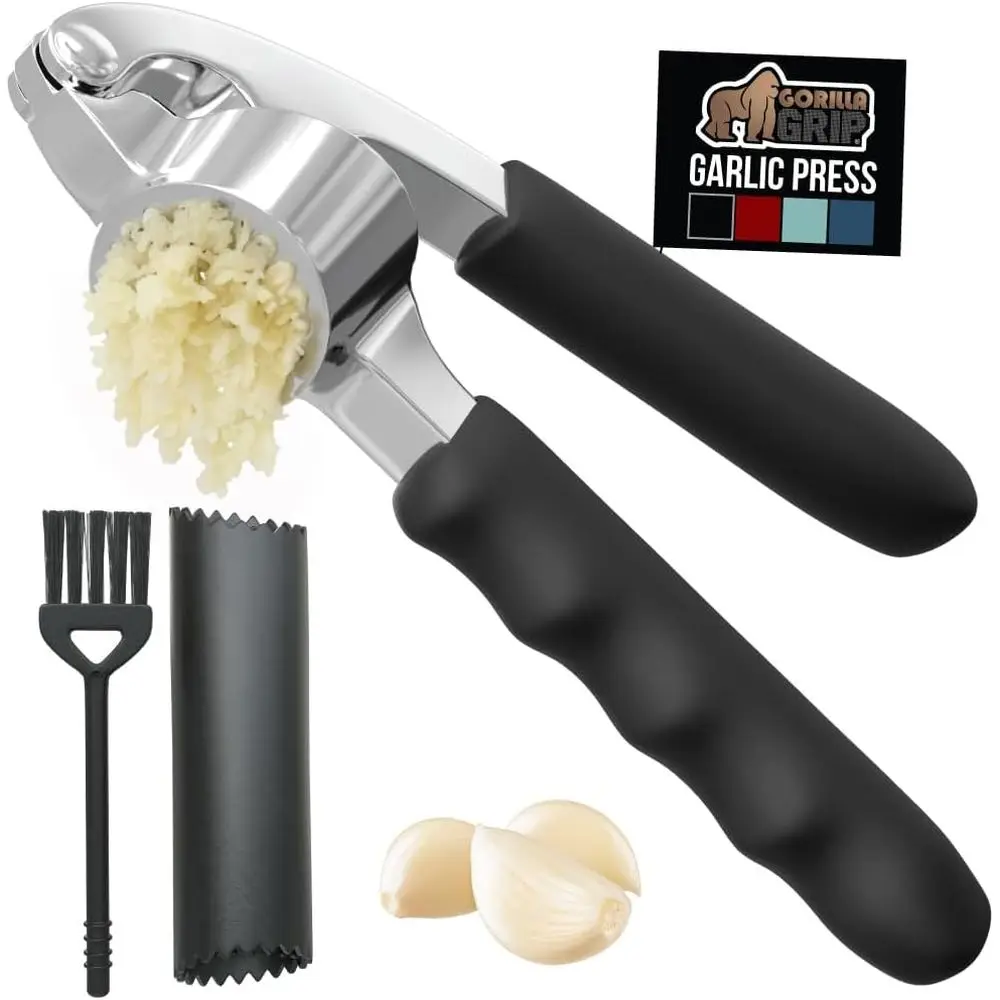 

Sturdy Garlic Mincer with Ergonomic Handle, Minces Garlic, Ginger, Nuts, Seeds; Includes Peeler for Cloves, Kitchen Tool, Black