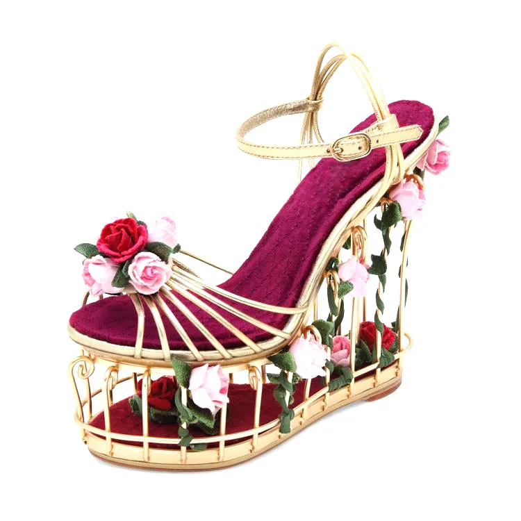 Summer Sandals Flower Leafs Bird Cage Platform Wedge Ankle Strap Sandals Fashion Garden Wedding Shoes Women Super High Heel