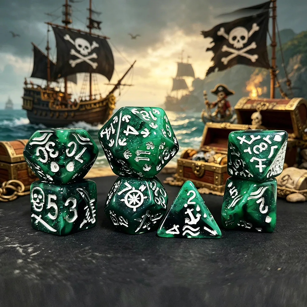 7Pcs Pirate Themed Green Glitter Dice Set, Polyhedral Resin DND Dice with Silver Symbols for TTRPG RPG Games