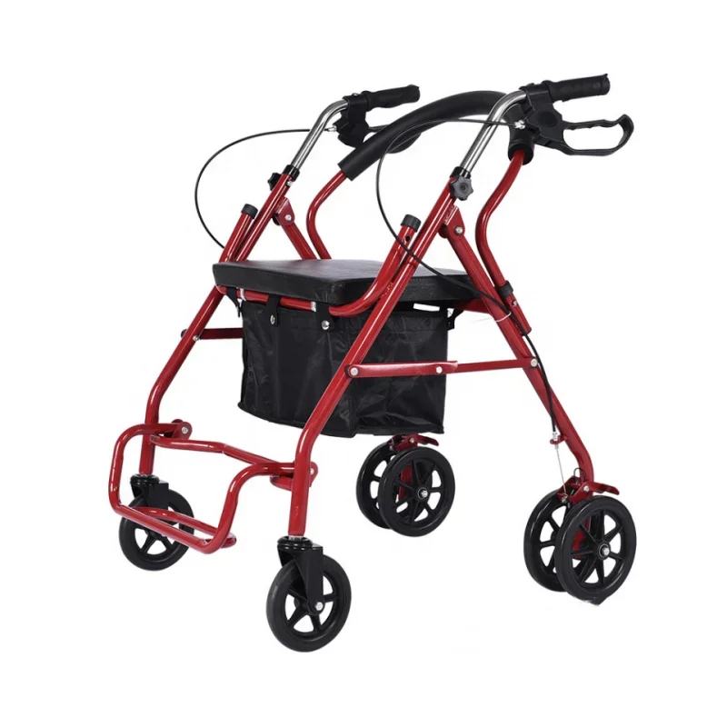 Hand Push 6 Wheels Walker With Seat Foldable Light Rollator Medical Outdoor Steel Rollator Walker With Seat