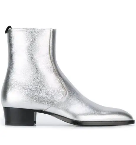 New Man Fashion Sliver Smooth Genuine Leather Pointed Toe Low Heels Mid-calf Boots Male Slip On Dress Chelsea Short Boots Shoes