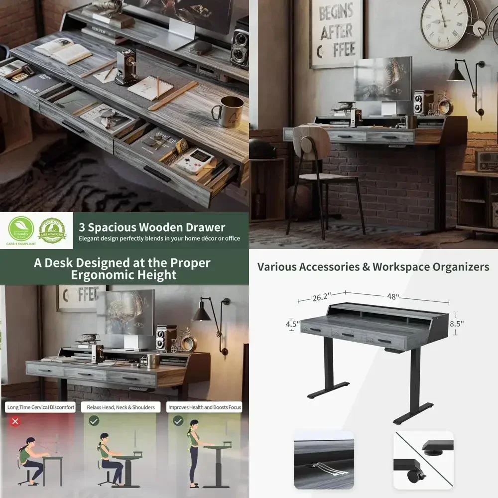 

Бестселлер: электрический стол с регулируемой высотой, ящиками для хранения и полкой для монитора, 48x24 дюйма, для работы стоя и сидя