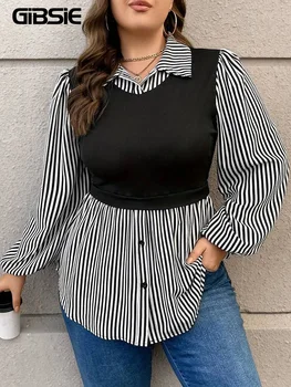 GIBSIE-camisas de rayas de talla grande 2 en 1 para mujer, blusas informales de manga larga con cuello de solapa, Tops de moda para mujer 2024