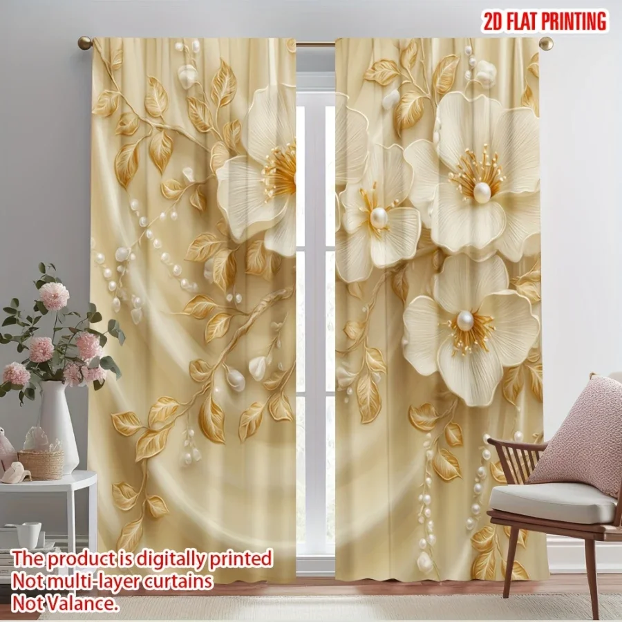 2PCS Digital Printed Curtains, Pearl Charm Flower Vine Pattern, Stylish Window Treatment for Living Room Bedroom Decor