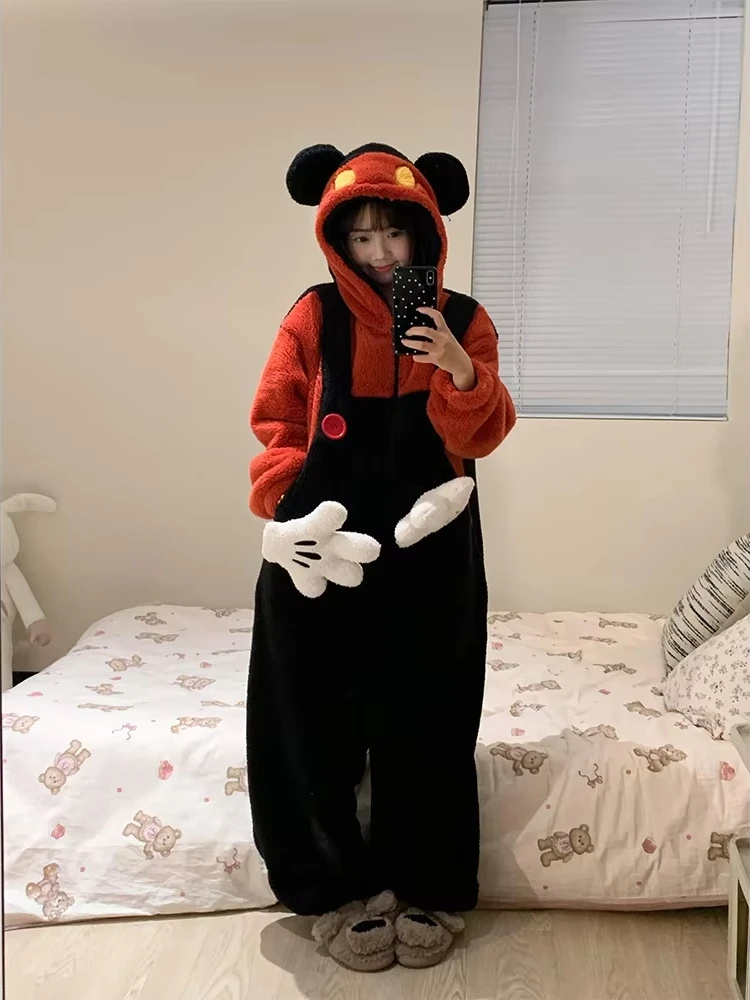 

Cartoon Disney Mickey Robe Fleece-Lined Hooded Pajamas Women'S Autumn Winter Thick Warm Home Clothes Casual Outdoor Girl Gifts