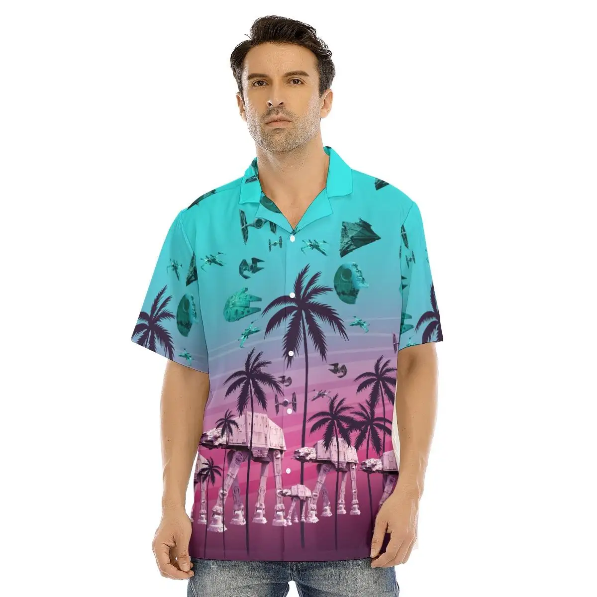 New Hawaii Shirts Vaporwave Designs Alien Spaceship Printed Summer Beach Short Sleeve Cuban Collar Shirts Vintage y2k Clothing