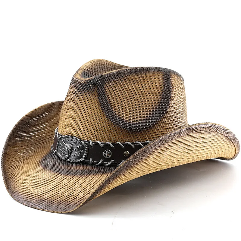 Western Cowboy Men's Cow Head Belt, Spray Painted Straw Hat, Women's Cowboy Hat