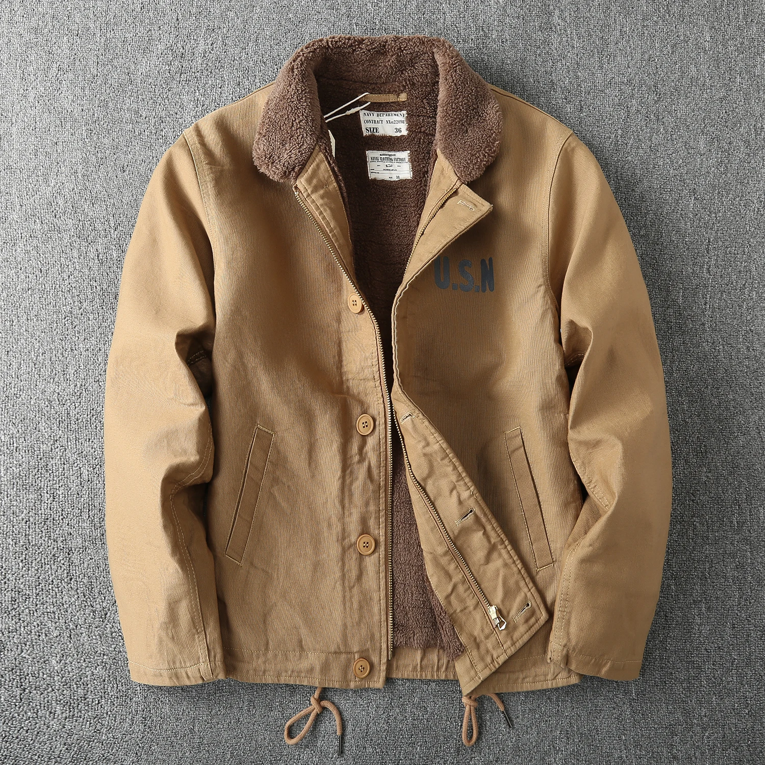 Vintage Navy N-1 Deck Jacket Men\'s Winter USN Print Tooling Jacket Ami Khaki Thickened Cotton Suit Lamb Velvet Cardigan Coats