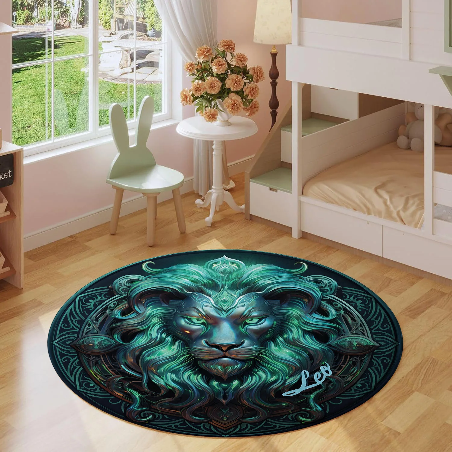 Leo Zodiac Sign Lion Head Astrology Teal Green Mane Vintage Mandala Pattern Holiday Luxury Round Mat Area Rug Home Decor