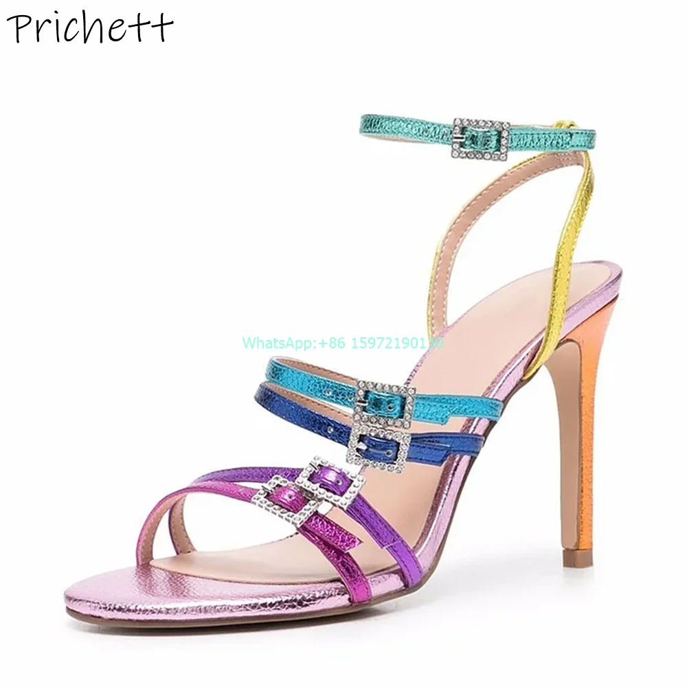 Rainbow Mixed Color Sandals Straight Strap Buckle Round Toe Thin Heels Shoes Light Color Patchwork Fashion Ladies Stiletto Shoes