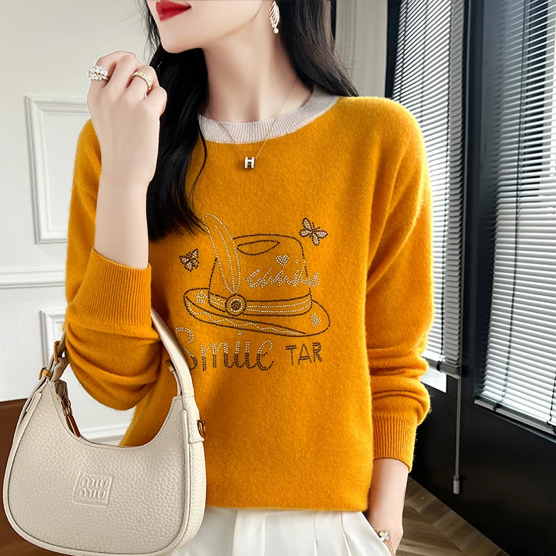 100% pure wool color matching O-neck women's autumn and winter new diamond-encrusted long-sleeved sweater loose fashion sweater