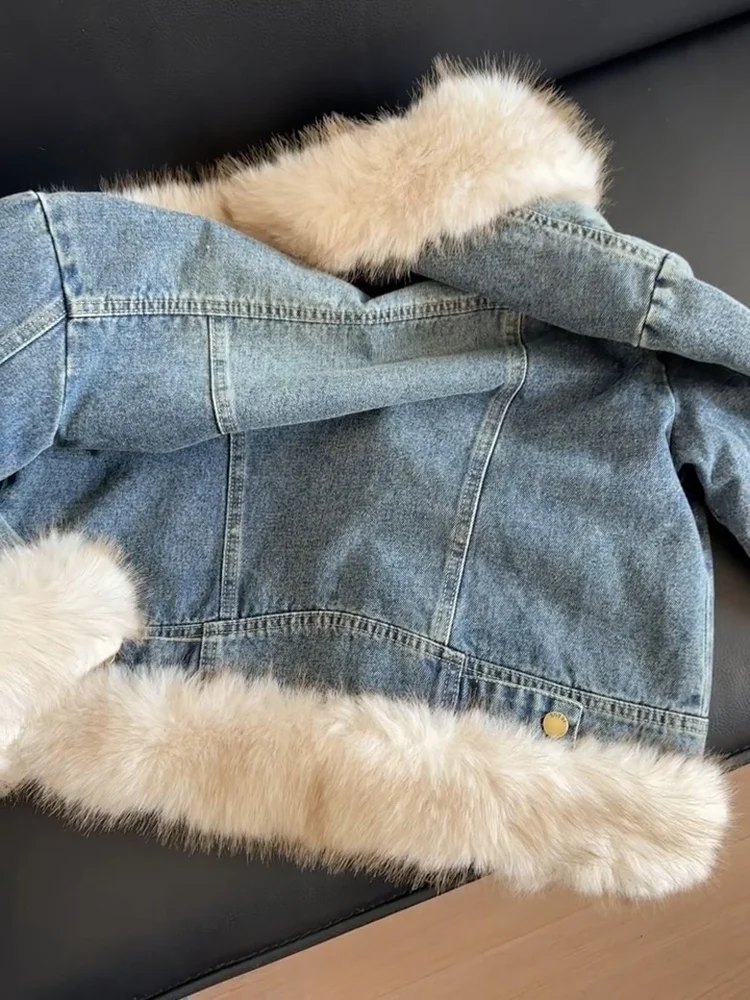 Korean Style Eco-Friendly Fur Denim Jacket Autumn Winter Patchwork Velvet Short Coats 2025 New Single Breasted Warm Outerwears