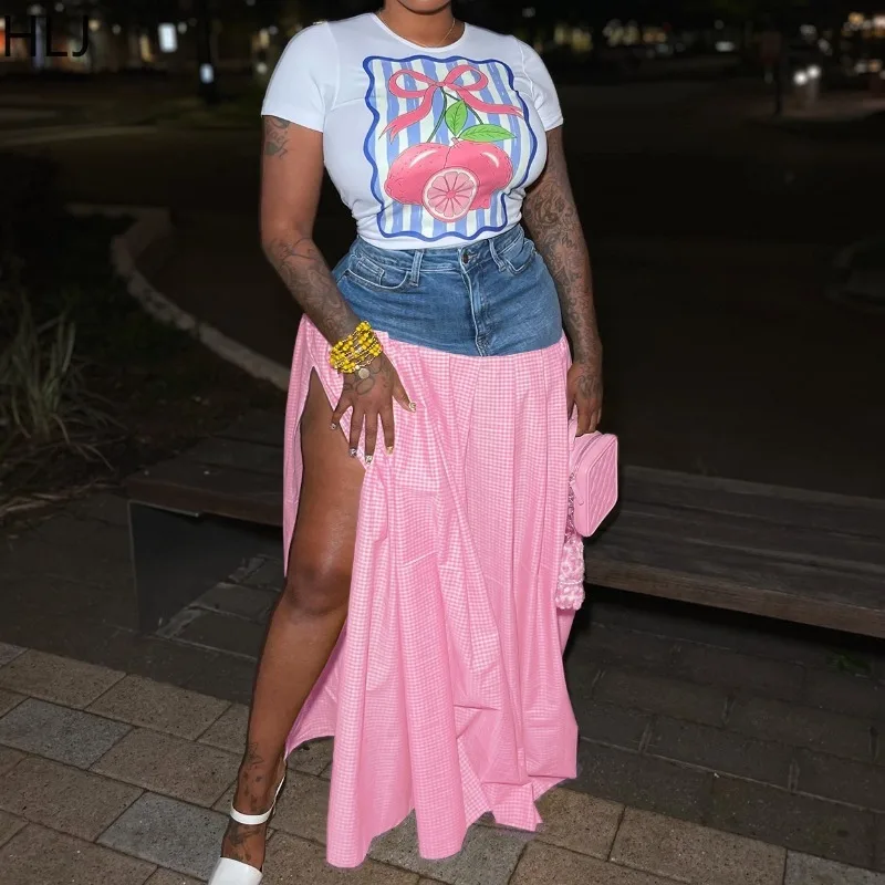 HLJ Y2K Streetwear Fashion Baddie 2 Piece Sets Outfits Hot Girl Short Sleeve T-shirt and Denim Patchwork Plaid Skirt Matching