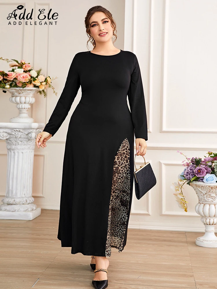 

Add Elegant Plus Size Dress Women 2022 Gentle Fall Stitching Leopard Design Commuter O-Neck Stylish Long Sleeve Clothing B1064