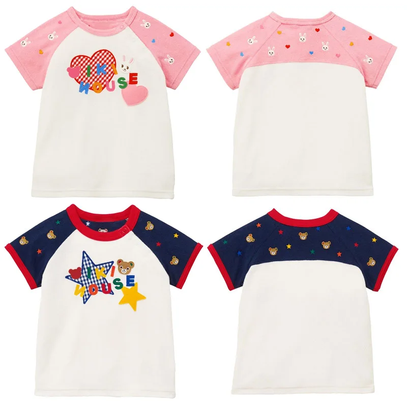 2026 Kids Cartoon Bear Rabbit Colorblock Raglan Sleeve Short Sleeve T-Shirt Cotton Terry Embroidery Tops