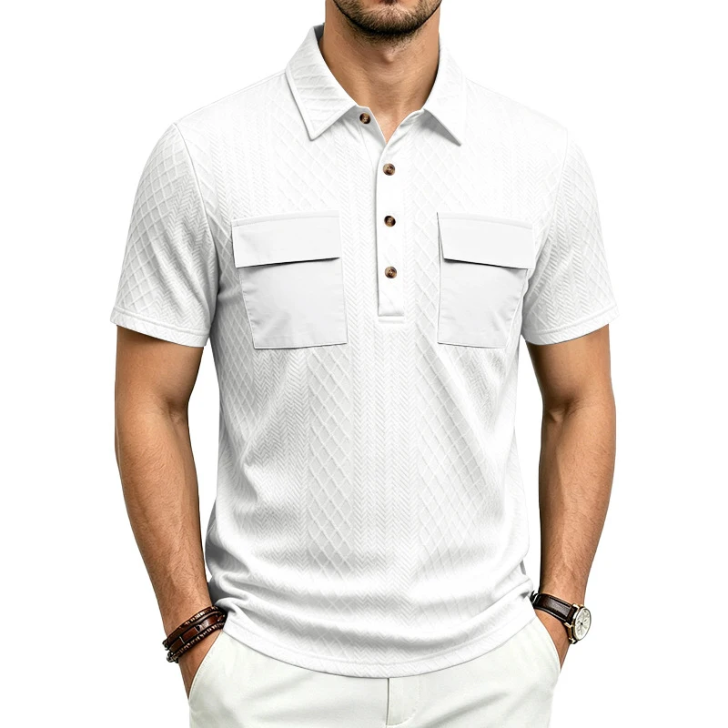 Heavyweight Jacquard Lapel Polo Shirt, Color Block Workwear Multi-pocket, Loose Outdoor Casual Top