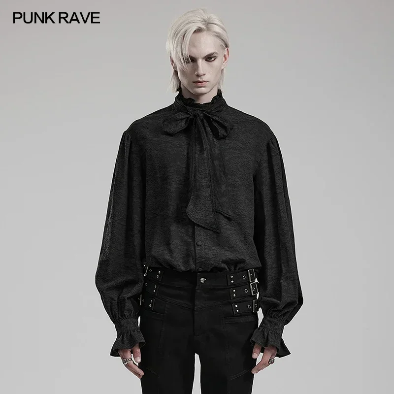 

PUNK RAVE Men's Gothic Ruffled Small Standing Collar Jacquard Shirt Party Club Detachable Bow Tie Black Tops Shirts Men Clothing