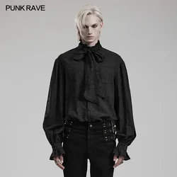 PUNK RAVE Men's Gothic Ruffled Small Standing Collar Jacquard Shirt Party Club Detachable Bow Tie Black Tops Shirts Men Clothing