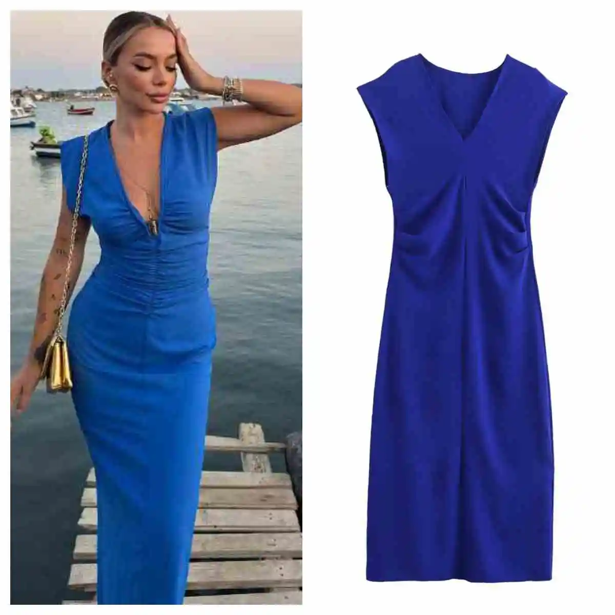 PB&ZA 2024 summer new women\'s fashion solid color pleated decoration V-neck slim waist slimming drape dress