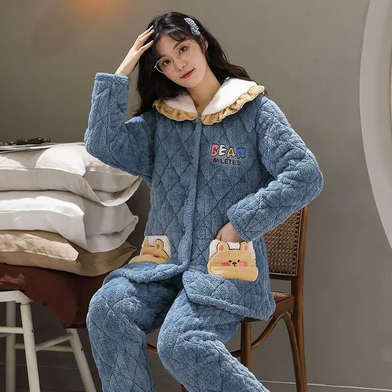 2023 New Winter Triple Ply Padded Thick Pajamas Women Coral-fleece Cartoon Homewear Plus-size Cute Warm Cotton Jacket Loungewear