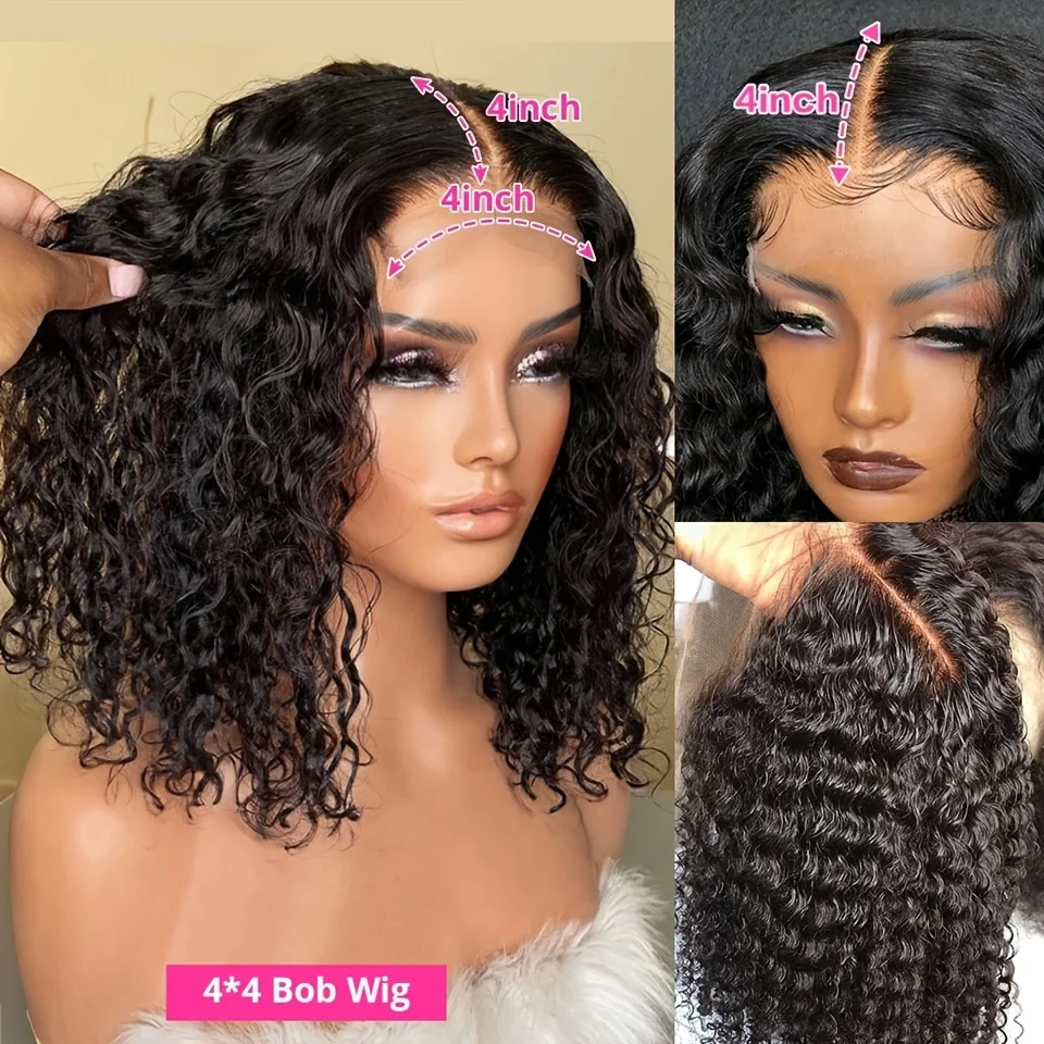 Brazilian Deep Wave Curto Bob Peruca, perucas de cabelo humano encaracolado, 4x4 Lace Encerramento Peruca, HD Transparente Lace Front Peruca, à venda