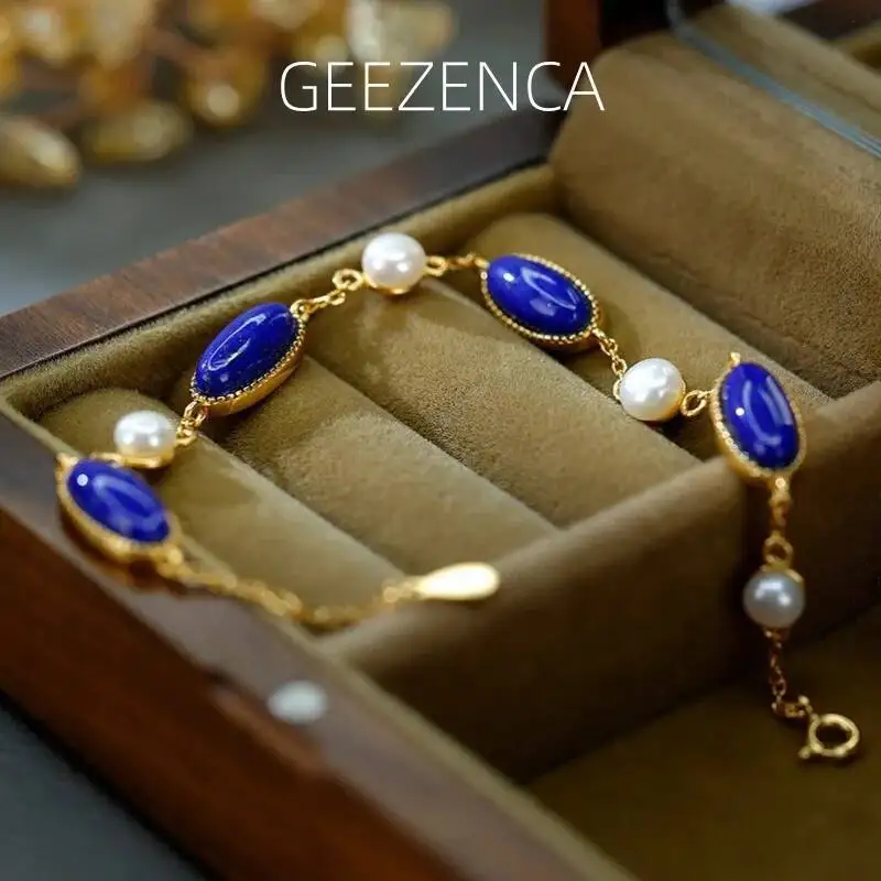 

GEEZENCA S925 Silver Lapis Lazuli Pearl Chain Link Bracelet For Women 18K Gold Natural Stone Minimalism Chic Bracelets 2023 Gift