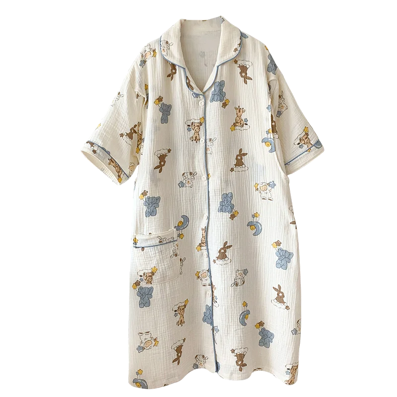 100% Cotton Double Gauze Nursing Nightdress for Maternity Summer Soft Thin Floral Printed Sleepwear Pregnancy Home Hospital Wear