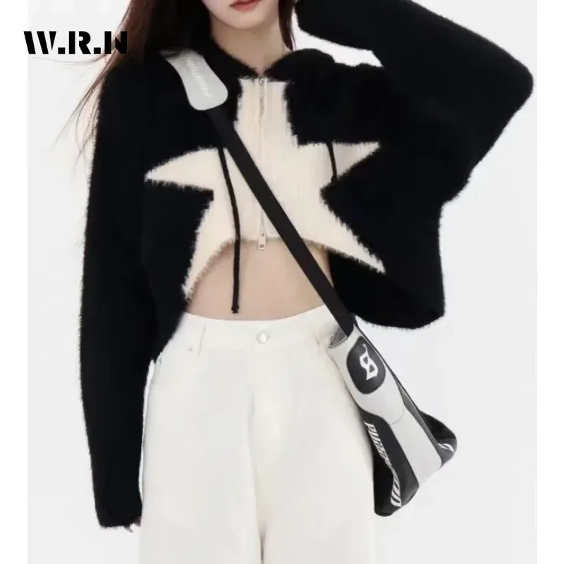 2023 Winter Hotsweet Contrast Color Knitting Long Sleeve Cardigans Women Casual Hooded Zipper Ladies Sexy Short Sweater Top