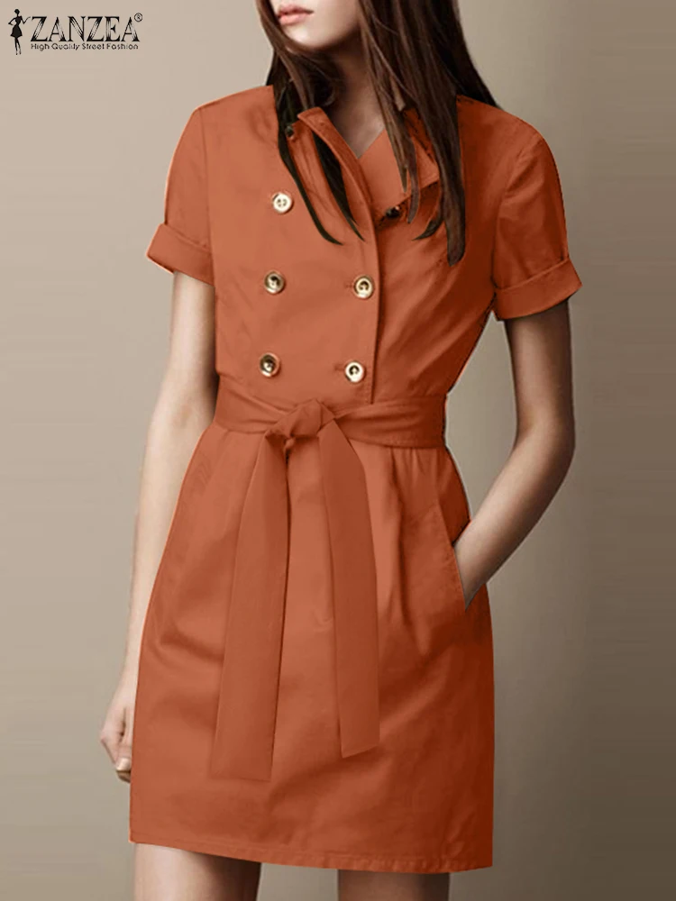 

ZANZEA Women Summer Shirt Dress Fashion Short Sleeve Office Sundress Vintage Loose Lapel Collar Robe Casual Cargo A Line Dress