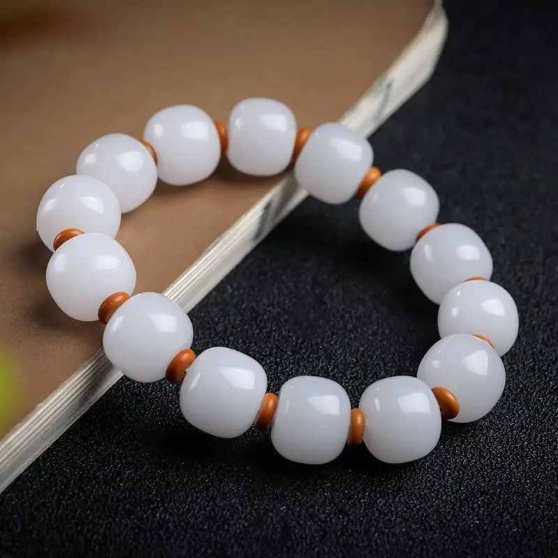 Natural Suet White Jade Gold Silk Jade Old Bead Bracelet Men's and Women's Bracelets