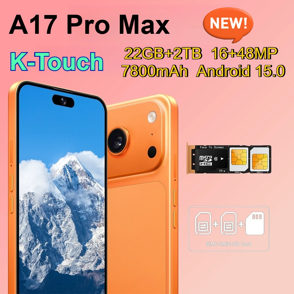 Smartphone K-Touch per A17 Pro Max, display completo da 7,3 pollici, telefoni cellulari HD 5G, doppia SIM, 22G+2TB, sbloccato con Face ID, fotocamera 16+48MP, batteria da 7800mAh.