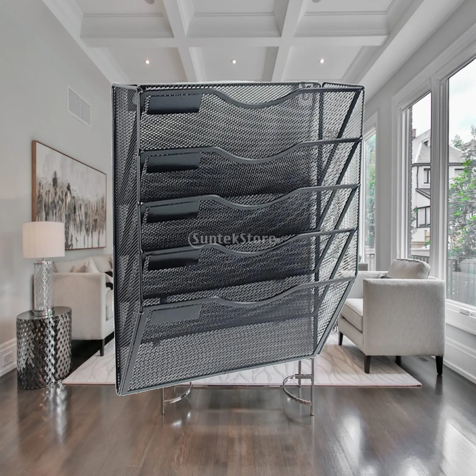 Wall-Mounted Metal Document Organizer Long-Lasting 5 Tier Metal Mesh File Organizer Magazine Rack High Capacity for Office