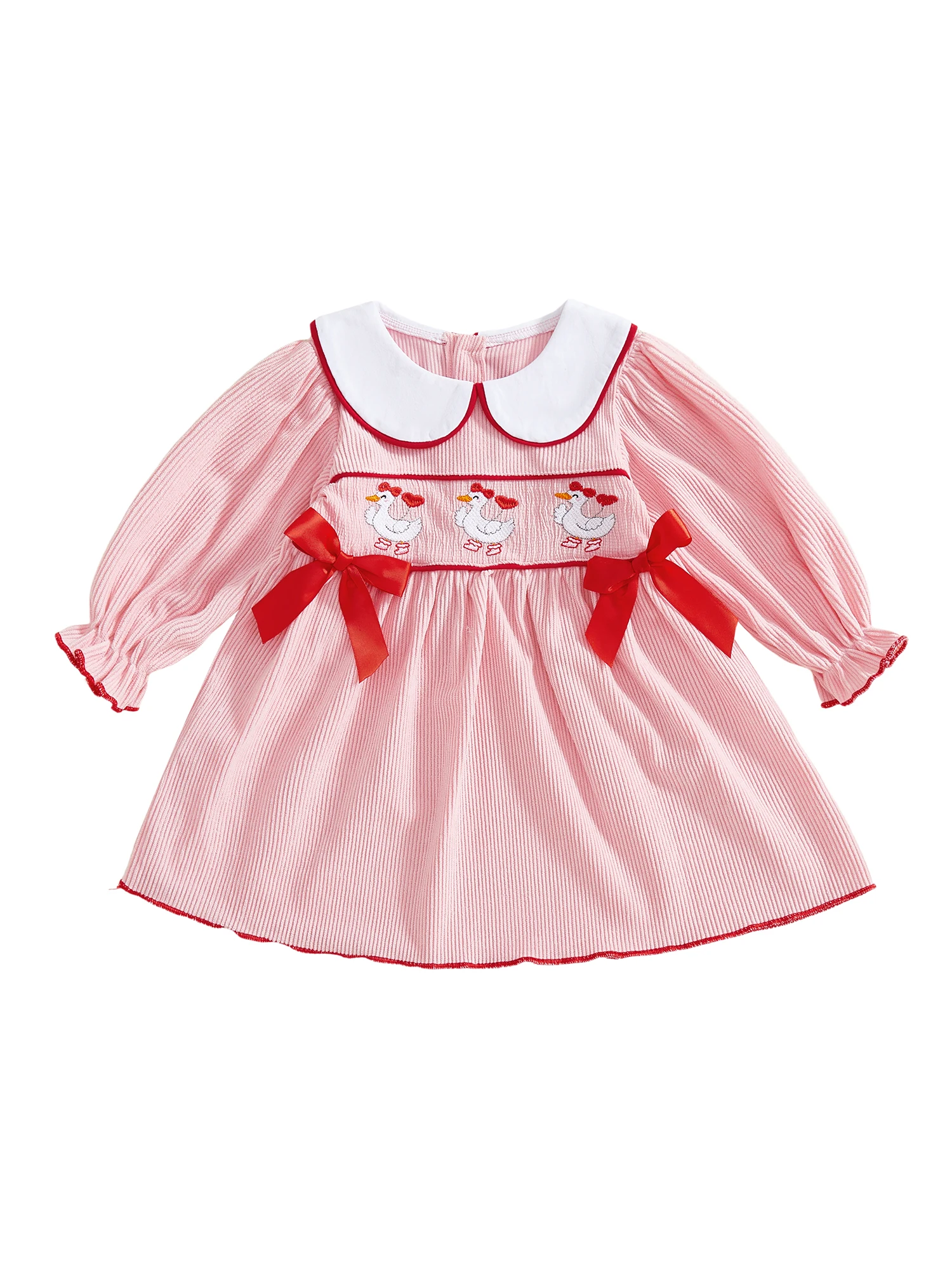 فستان بناتي لعيد الحب بأكمام منتفخة وياقة الدمية وتطريز على شكل فيونكة وتفاصيل على شكل حرف A وصورة ظلية مخططة