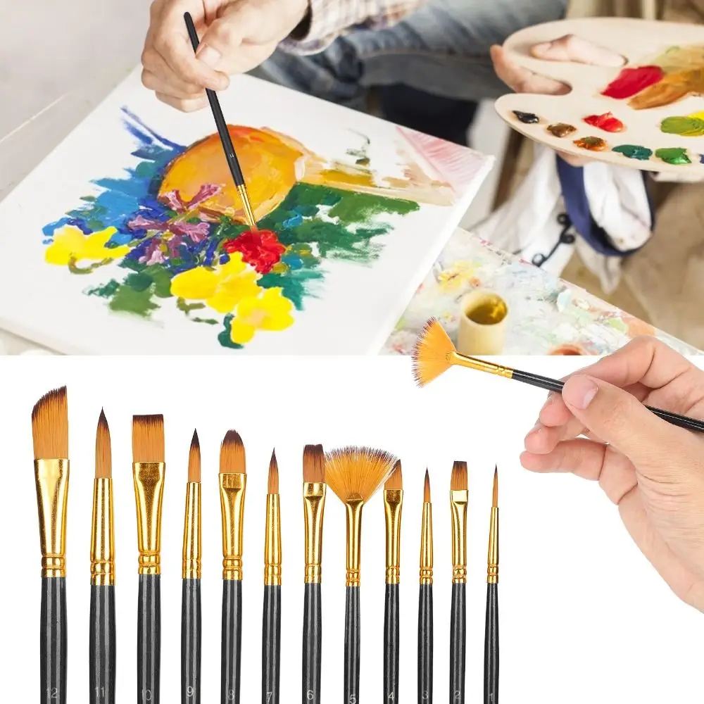 12PCS Nylon Bristle Nylon Paint Brush Set Mixed Tips Solid Handle Line Detail Brushes Triple Color Rods Oil Painting Tools