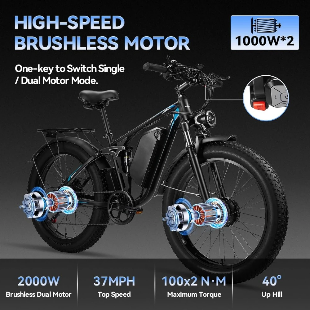 Dual Motor 3000W Peak Electric Bike , 52V23AH Battery, Up To 37MPH 87 Miles Range, Full Suspension, Electric Bicycle