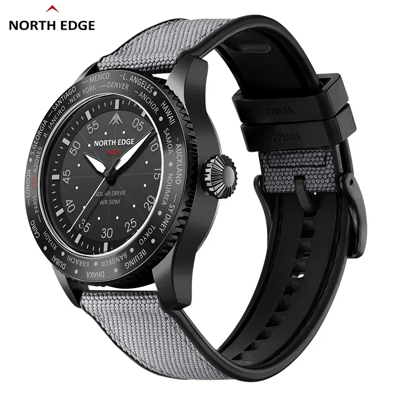 NORTH EDGE MACH Solar Power Pilot Series Quartz Wristwatches Swimming Mens Watch Sports Luminous 50M Waterproof Watches for Man