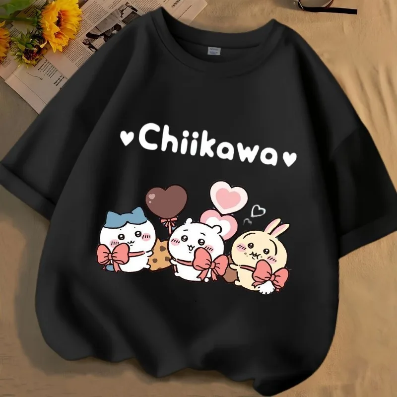 Bonito chiikawa impressão dos desenhos animados algodão manga curta em torno do pescoço camiseta feminina na moda verão bonito solto moda feminina camisetas topos